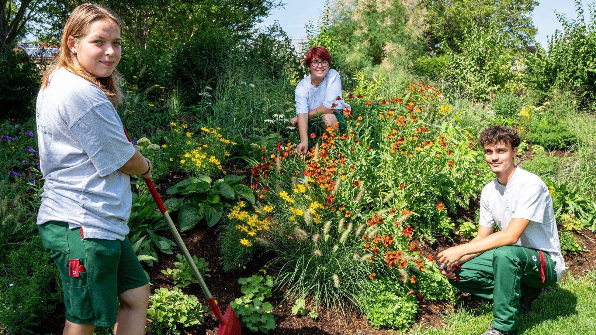 copyright: Wiener Stadtgärten / Jandl 3 Jugendliche arbeiten in einem Blumenbeet.