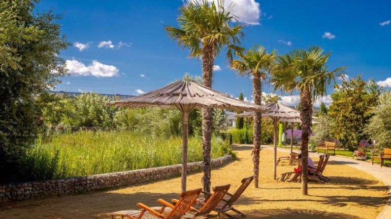 Liegestühle, Sonnenschirme und Palmen