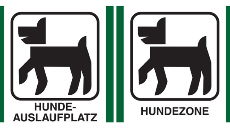 copyright: MA 42 2 Tafeln mit gezeichnetem Hund und den Aufschriften "Hundeauslaufplatz" und "Hundezone"