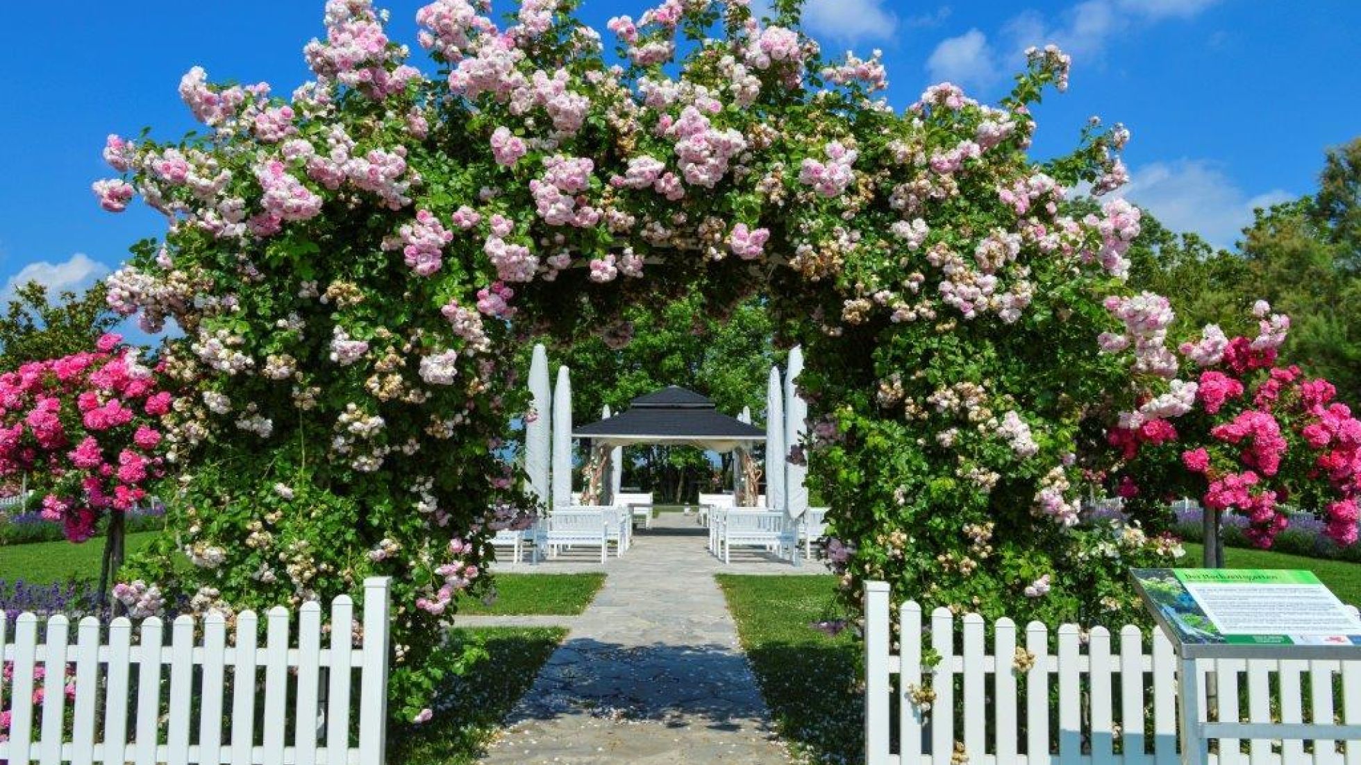 Pavillon, davor Bogen auf Rosen