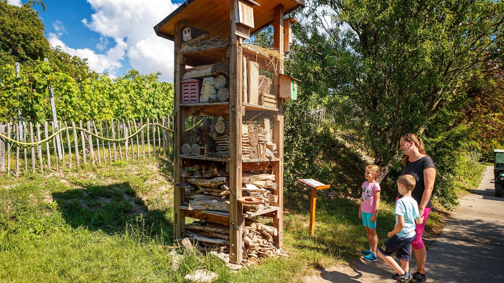 copyright: Wiener Stadtgärten/Christian Houdek Mutter mit ihren zwei Söhnen vor Bienenhotel-Turm