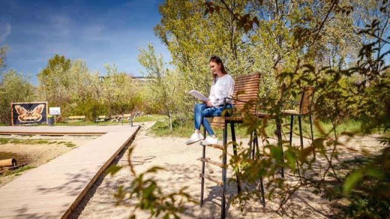Frau sitzt auf einem Hochsitz in einem Park