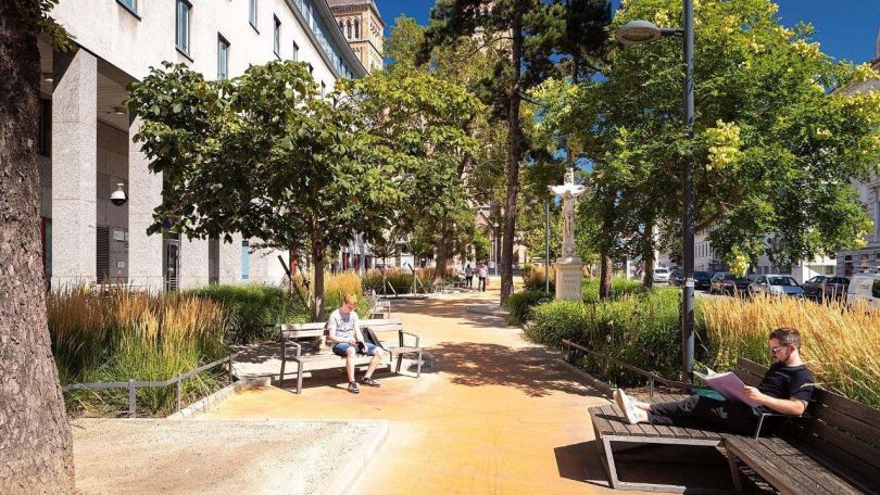 copyright: Wiener Stadtgärten/Houdek Park mit Sitzbänken und Bäumen