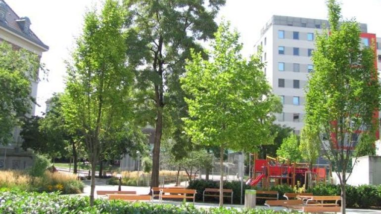 Sitzbänke vor dem Spielplatz