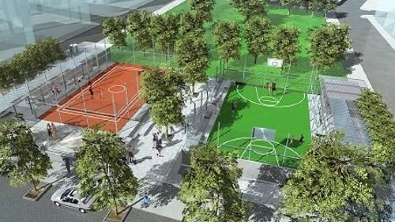 copyright: MA 42 Visualisierung: Park mit Wiese und zwei Ballspielplätzen, Sitzbänke, Bäume