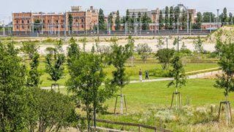 Blick auf einen Park von oben, im Hintergrund Gebäude