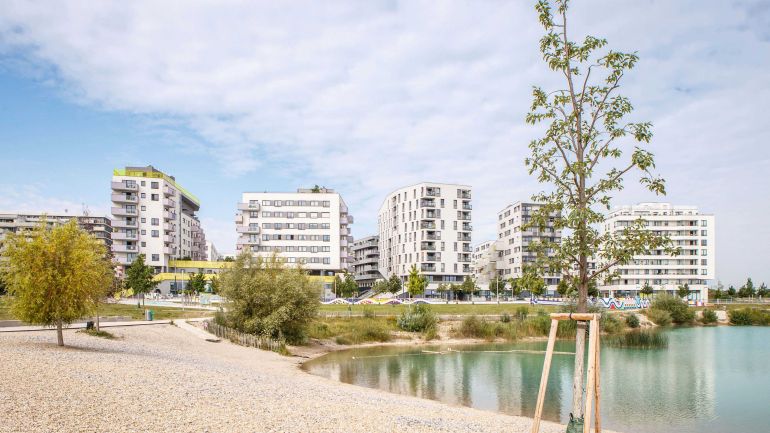 copyright: Wiener Stadtgärten/Houdek Teich mit modernen Wohnbauten im Hintergrund