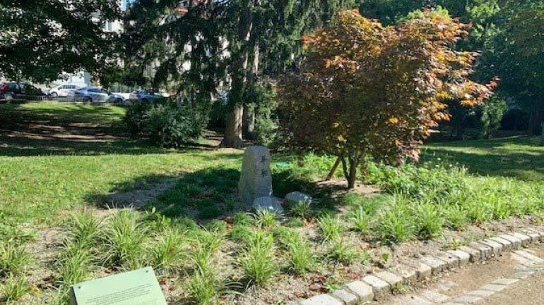 copyright: Wiener Stadtgärten Stein mit japanischen Schriftzeichen, daneben ein Strauch