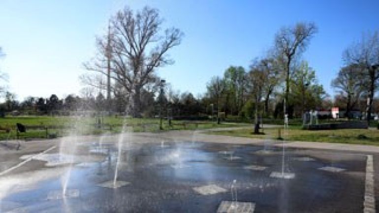 Wasserfontänen, dahinter Wiese