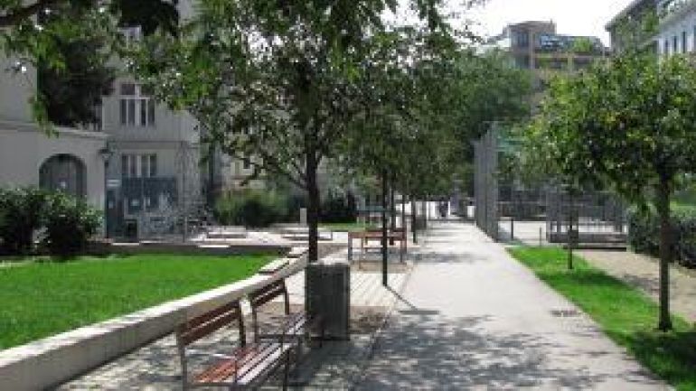 Sitzbänke, Bäume und Weg