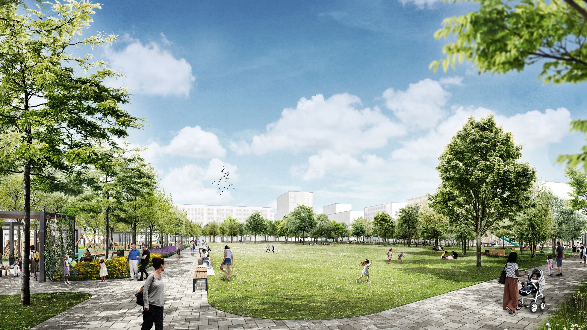 Visualisierung des Albert-Schultz-Parks mit großer Wiese und Weg, spazierenden und spielenden Menschen, umgeben von Bäumen.