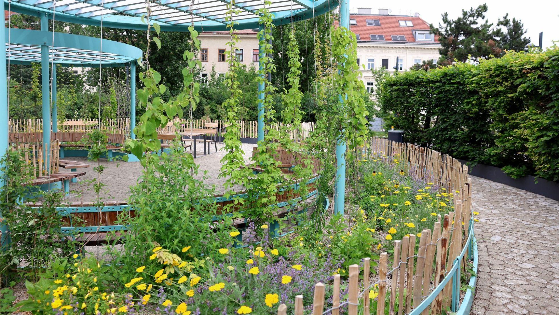 copyright: Stadt Wien / Martin Votava Beete mit Blumen, Pergolen mit Kletterpflanzen und Sitzgelegenheiten, daneben ein gepflasterter Weg und Hecken