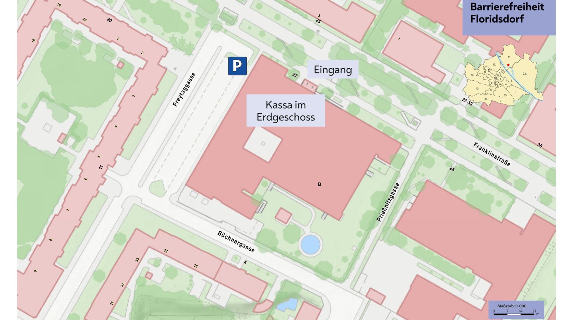 Übersichtsplan mit eingezeichneter Parkmöglichkeit, Eingang und Hinweis "Kassa im Erdgeschoss"