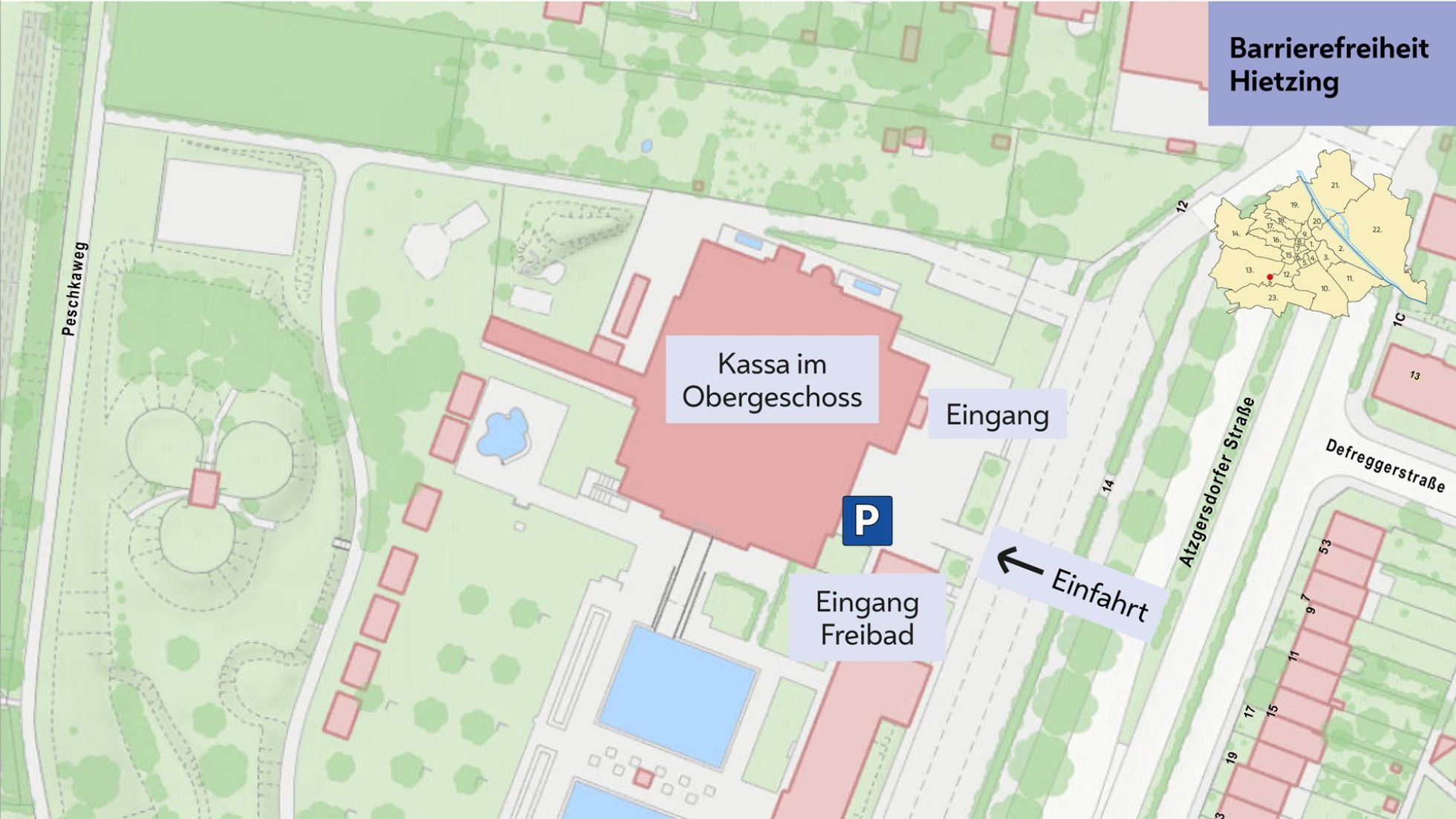 copyright: Stadt Wien - Bäder Übersichtsplan mit eingezeichneter Einfahrt, Parkmöglichkeit, Eingang zu Hallen- und Freibad sowie Hinweis "Kassa im Obergeschoss"