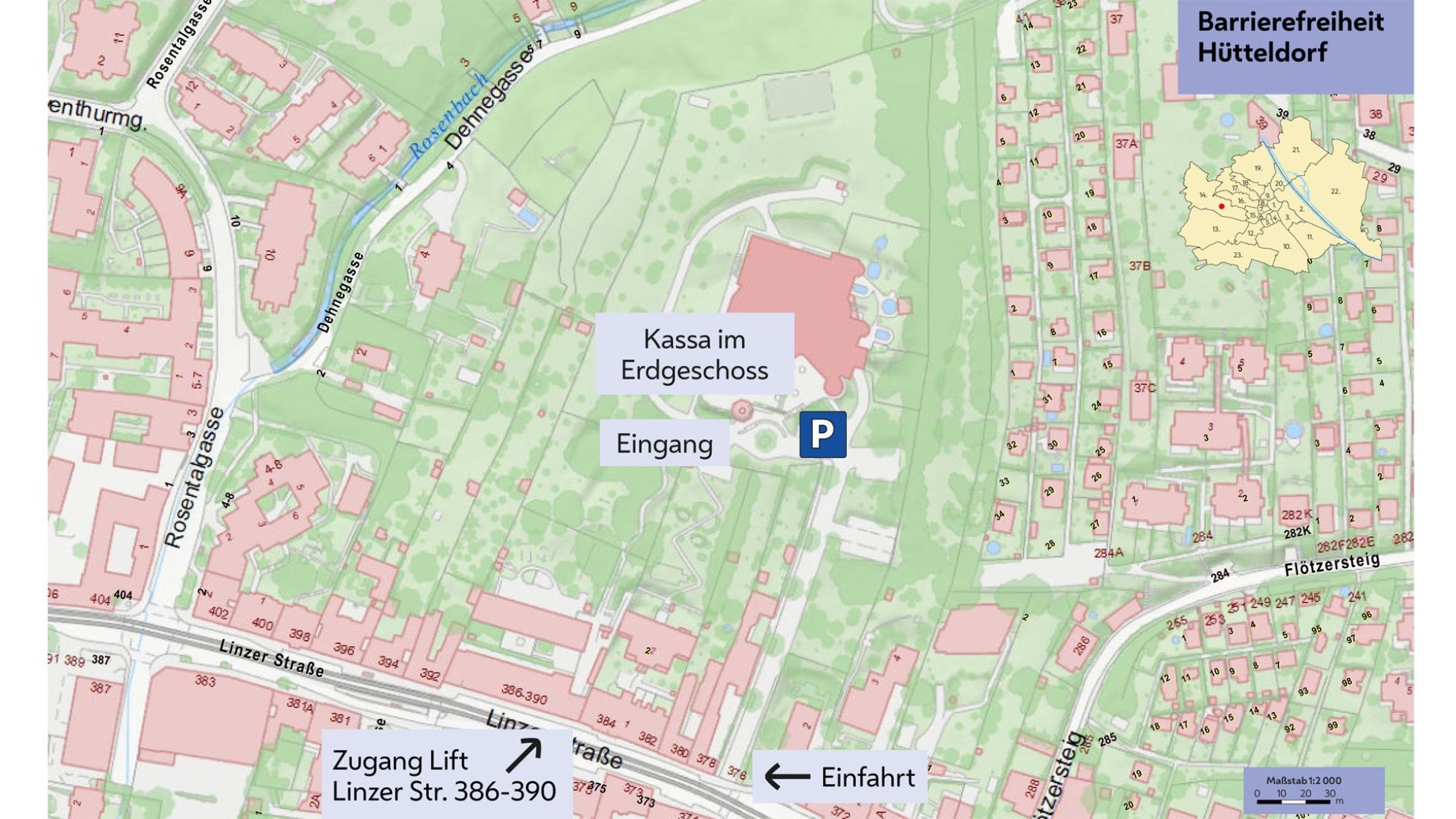 Übersichtsplan mit eingezeichneter Einfahrt, Parkmöglichkeit und Hinweis "Kassa im Erdgeschoss"
