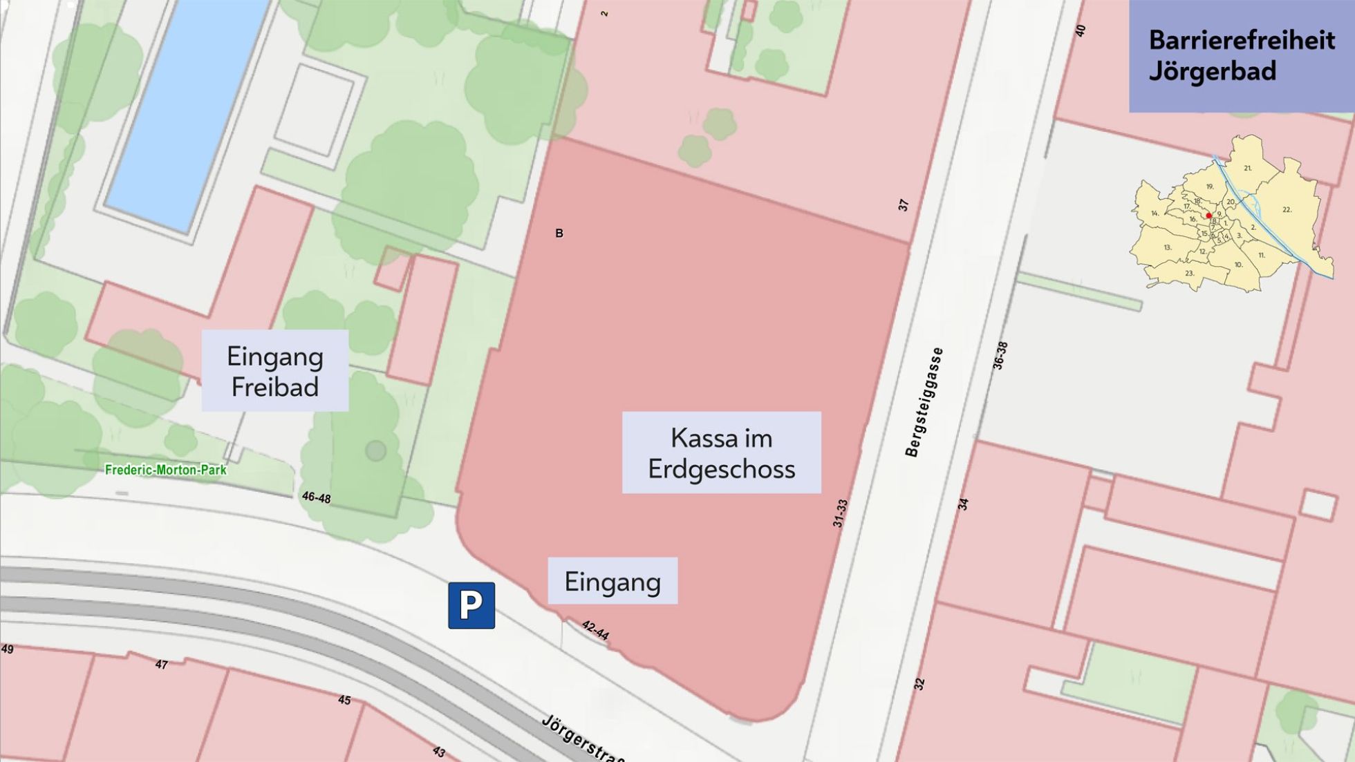 copyright: Stadt Wien - Bäder Übersichtsplan mit eingezeichnetem Parkplatz vor dem Eingang zur Schwimmhalle und Hinweis "Kassa im Erdgeschoss"