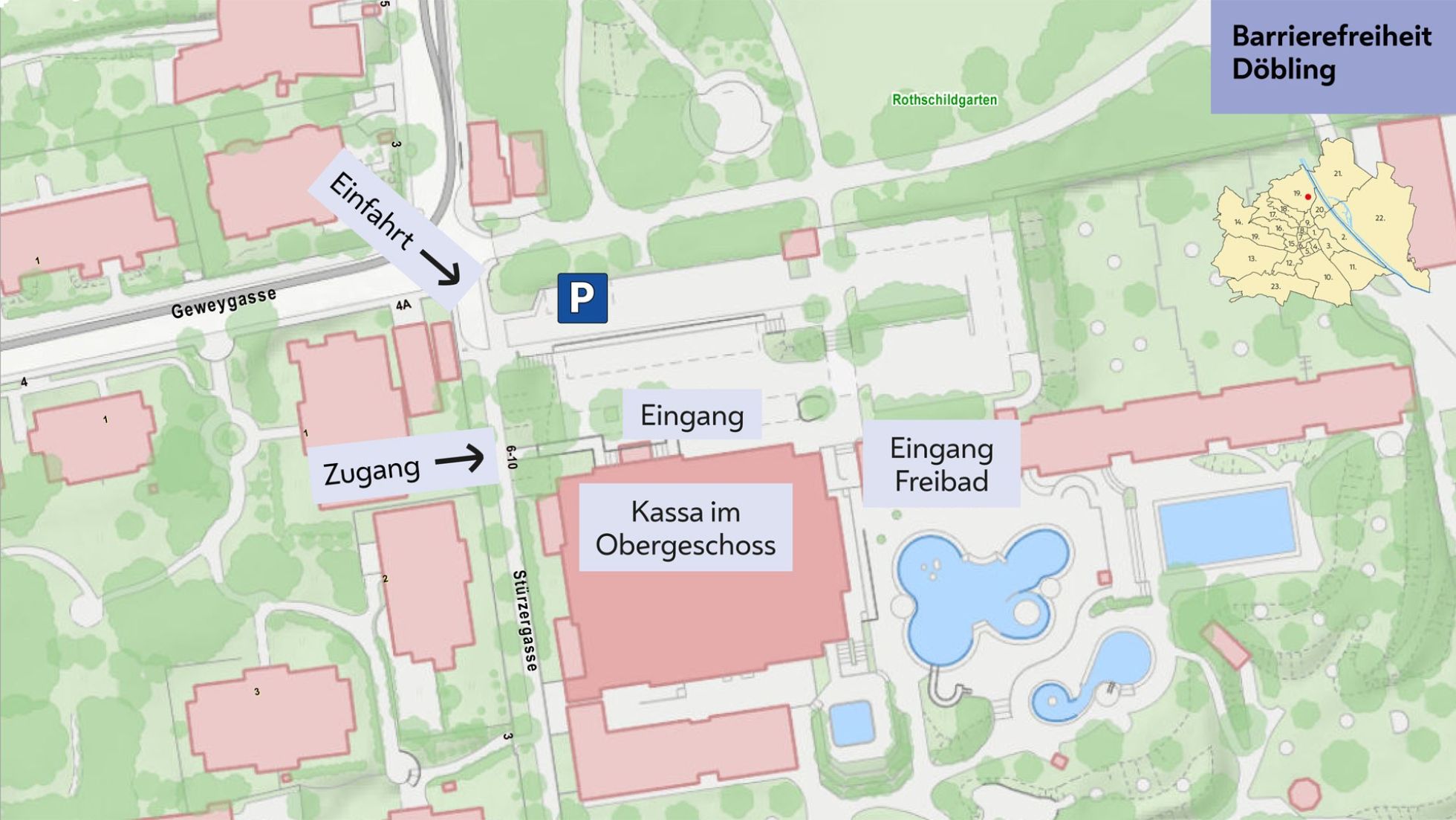 Übersichtsplan mit eingezeichneter Einfahrt, Parkplatz, Eingang zu Hallen- und Freibad sowie Hinweis "Kassa im Obergeschoss"