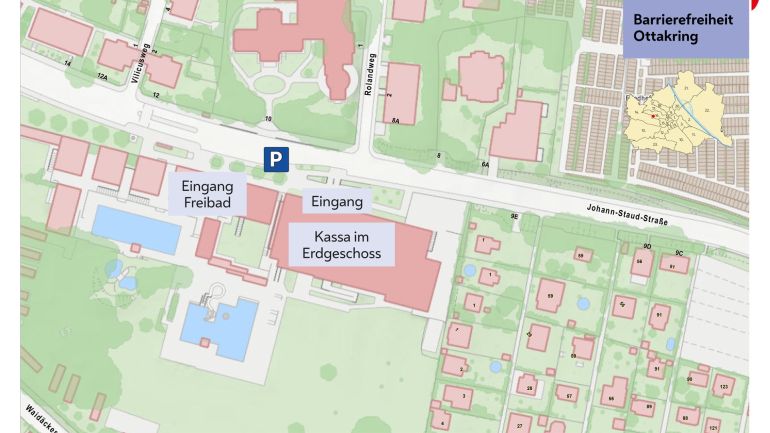 Übersichtsplan mit eingezeichnetem Eingang zu Hallen- und Freibad, Parkmöglichkeit und Hinweis "Kassa im Erdgeschoss"