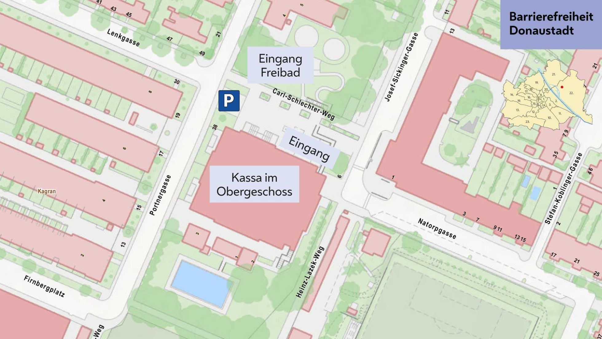copyright: Stadt Wien - Bäder Übersichtsplan mit eingezeichnetem Eingang zu Hallen- und Freibad, Parkmöglichkeit und Hinweis "Kassa im Obergeschoss"