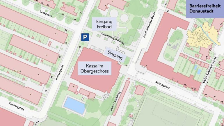 copyright: Stadt Wien - Bäder Übersichtsplan mit eingezeichnetem Eingang zu Hallen- und Freibad, Parkmöglichkeit und Hinweis "Kassa im Obergeschoss"