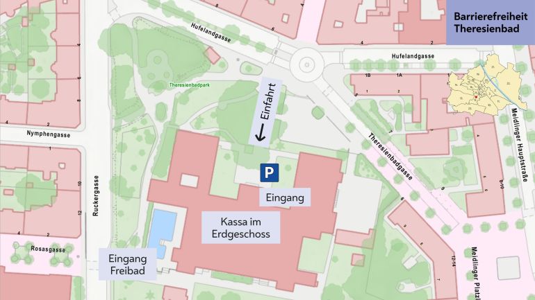 Übersichtsplan mit eingezeichneter Einfahrt, Eingang zu Hallen- und Freibad, Parkmöglichkeit und Hinweis "Kassa im Erdgeschoss"