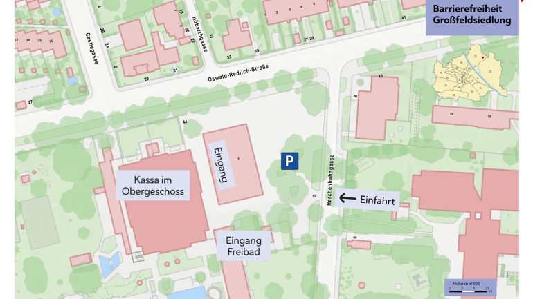 copyright: Stadt Wien - Bäder Orientierungsplan mit eingezeichnetem Parkplatz, Einfahrt, Eingängen und Kassa.