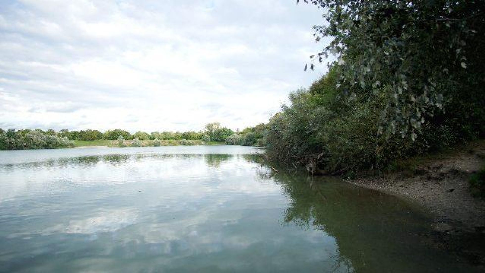 Ruhiger See, am Ufer wächst Gebüsch.