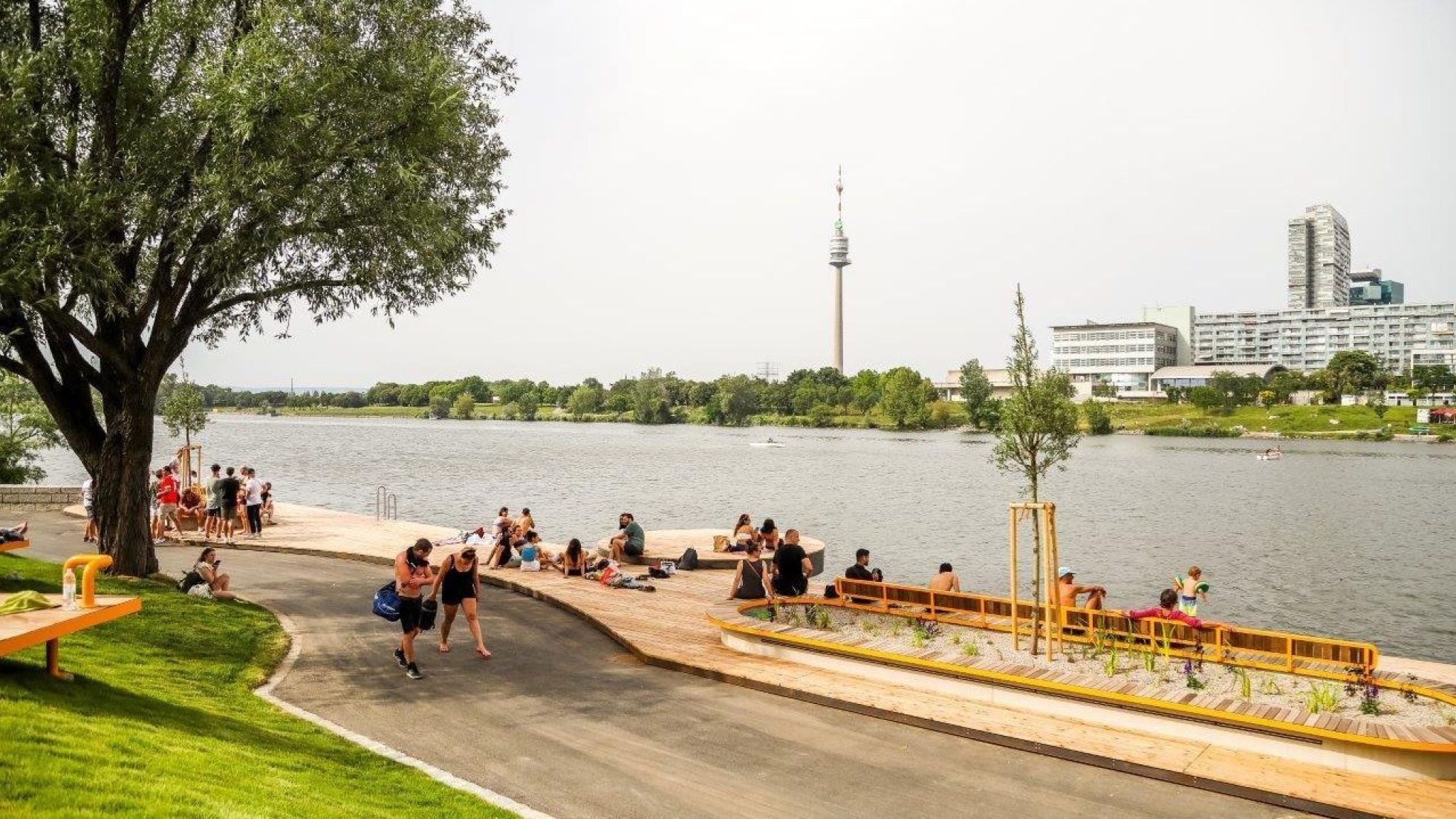 Liegewiese, Weg und Sitzmöglichkeiten am Ufer der Neuen Donau mit Blick auf den Donauturm am anderen Ufer.
