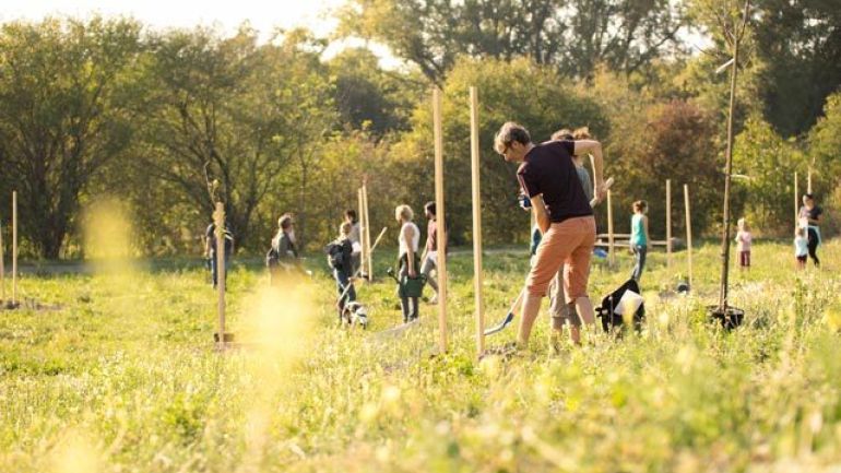 Frauen und Männer mit Schaufeln und Gießkannen bepflanzen eine grüne Freifläche.