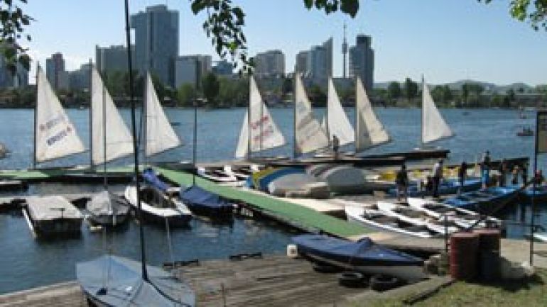 mehrere Segelboote an einem Holzsteg, im Hintergrund eine Skyline