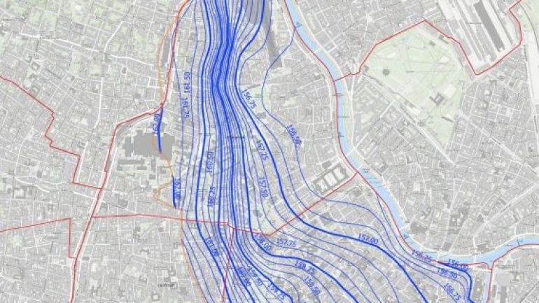 Planausschnitt mit blauen Linien zeigt Grundwasserverhältnisse im 9. und 19. Bezirk