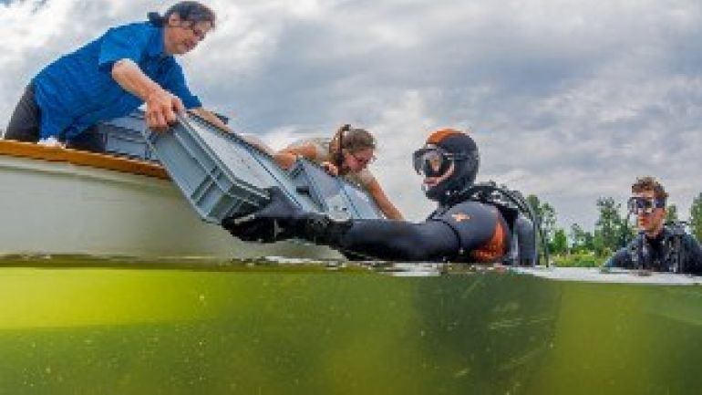 copyright: Wiener Wildnis 2 auf einem Boot stehende Frauen geben Plastik-Behältnisse an im Wasser befindliche Taucher weiter
