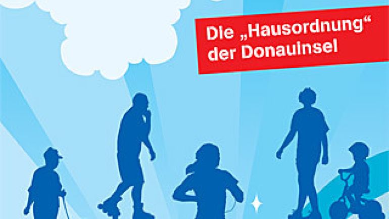 Grafik: Silhouetten von Menschen auf blauem Hintergrund mit dem Text: "Die Hausordnung der Donauinsel"
