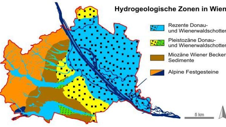 Grafik: Karte von Wien mit hydrogeologische Zonen in verschiedenen Farben und Mustern