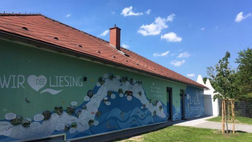 Haus mit bemalter Fassade mit Aufschrift "Wir die Liesing - Bachl"