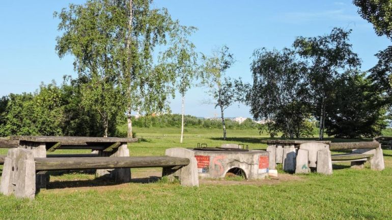 Grillplatz mit Sitzgelegenheiten, rund herum Wiese und Bäume