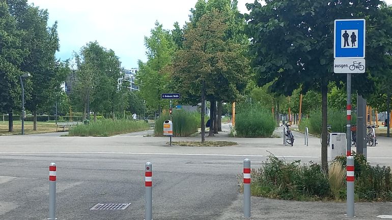 copyright: MA 46 Ein Schild "Fußgängerzone ausgenommen Fahrräder" steht an einer Straße. Absperrpfosten blockieren die Zufahrt für große Fahrzeuge. Neben der Straße stehen viele Bäume.