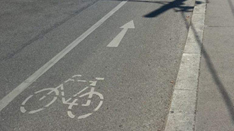 Auf der Fahrbahn ist ein Radfahrstreifen mit Radpiktogramm und Richtungspfeil markiert. Der Radfahrstreifen ist von der restlichen Fahrbahn durch eine Trennlinie abgetrennt.