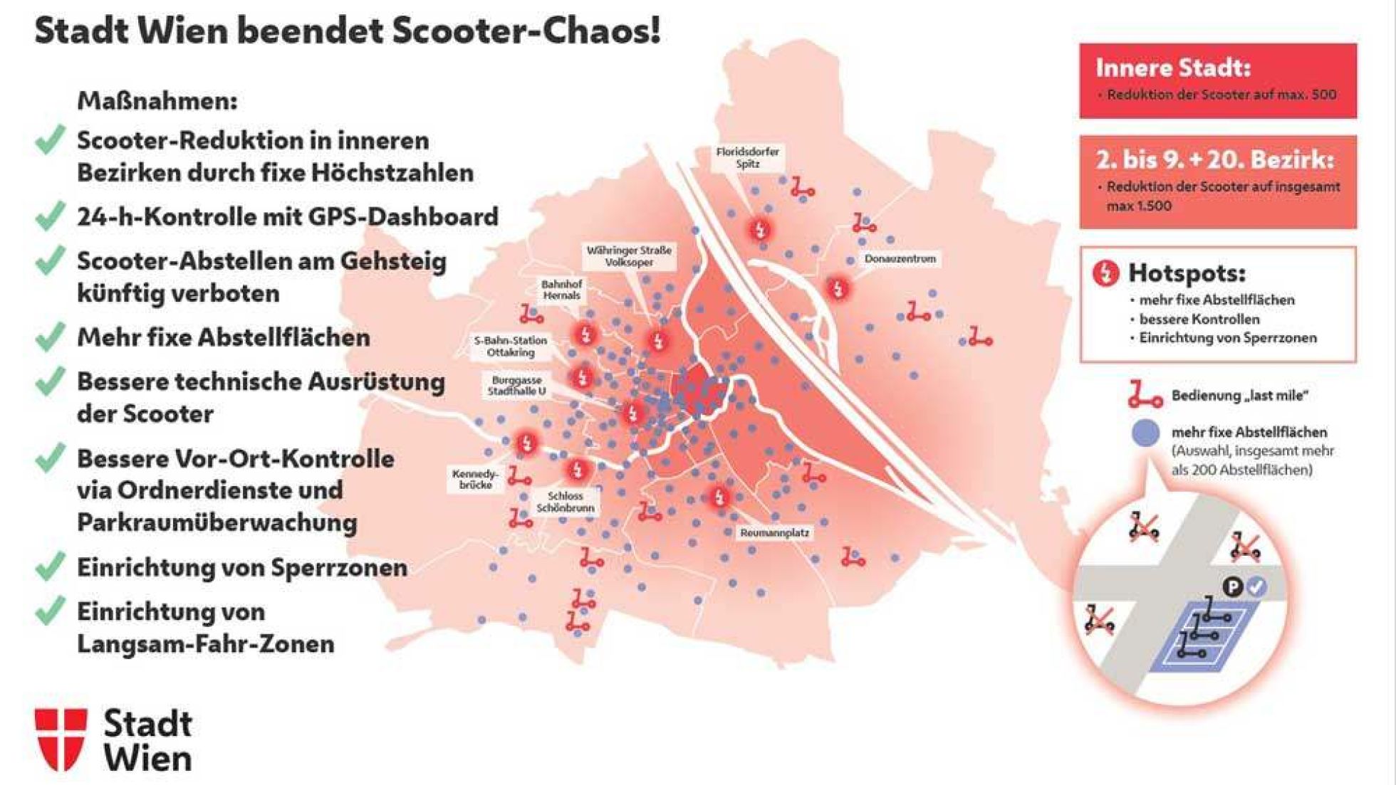 Karte mit Maßnahmen, Abstellflächen und Hotspots für Scooter