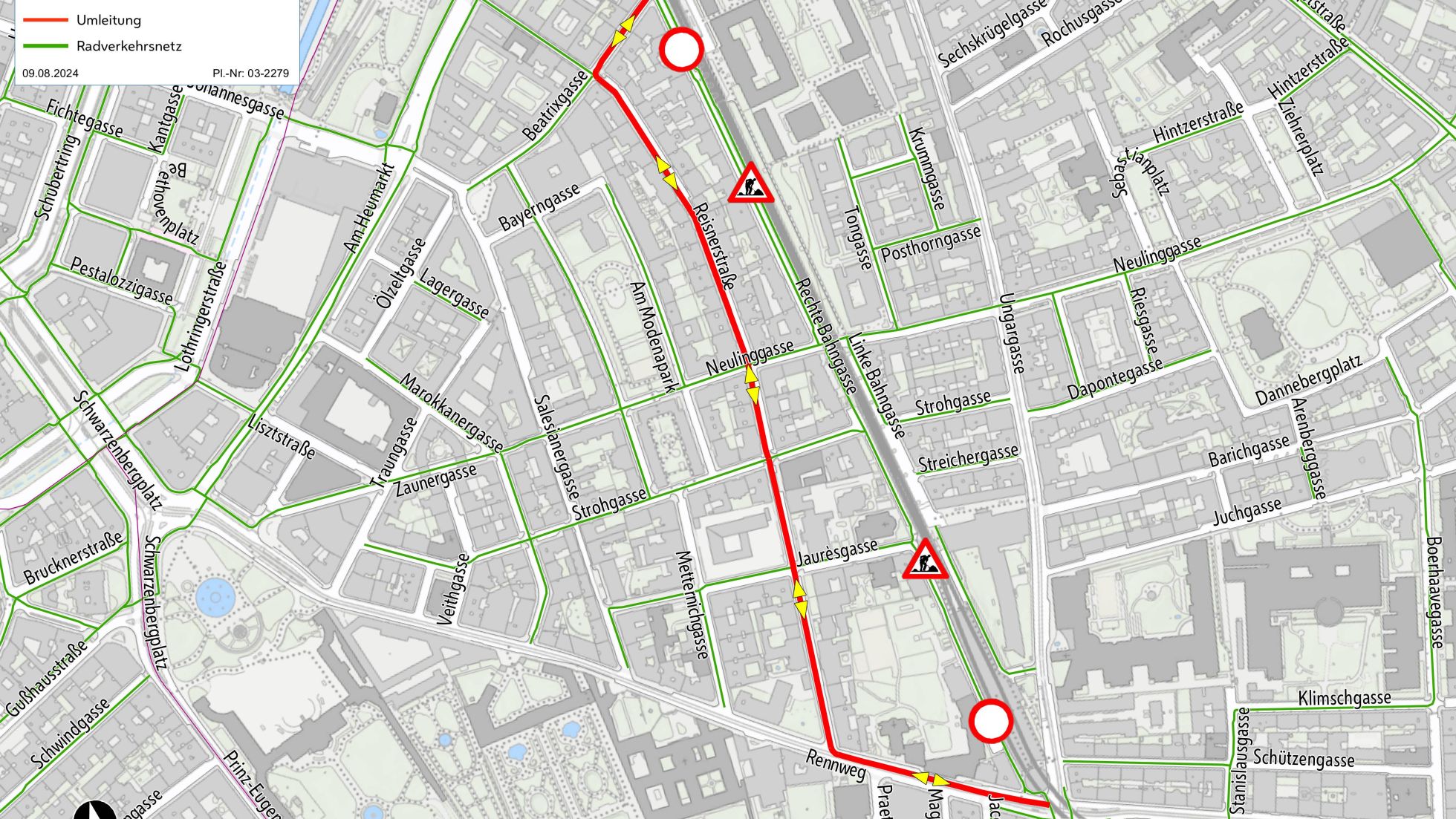 Straßenkarte mit eingezeichneter Umleitungsstrecke für Radverkehr