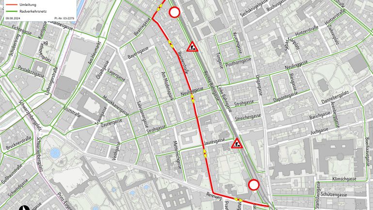 copyright: MA 46/Kartengrundlage: Mehrzweckkarte der MA 41 Straßenkarte mit eingezeichneter Umleitungsstrecke für Radverkehr