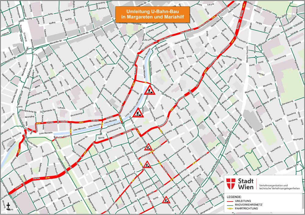 copyright: MA 46/Kartengrundlage: Mehrzweckkarte der MA 41 Grafische Darstellung der Umleitungsstrecke des Wiental-Radweges