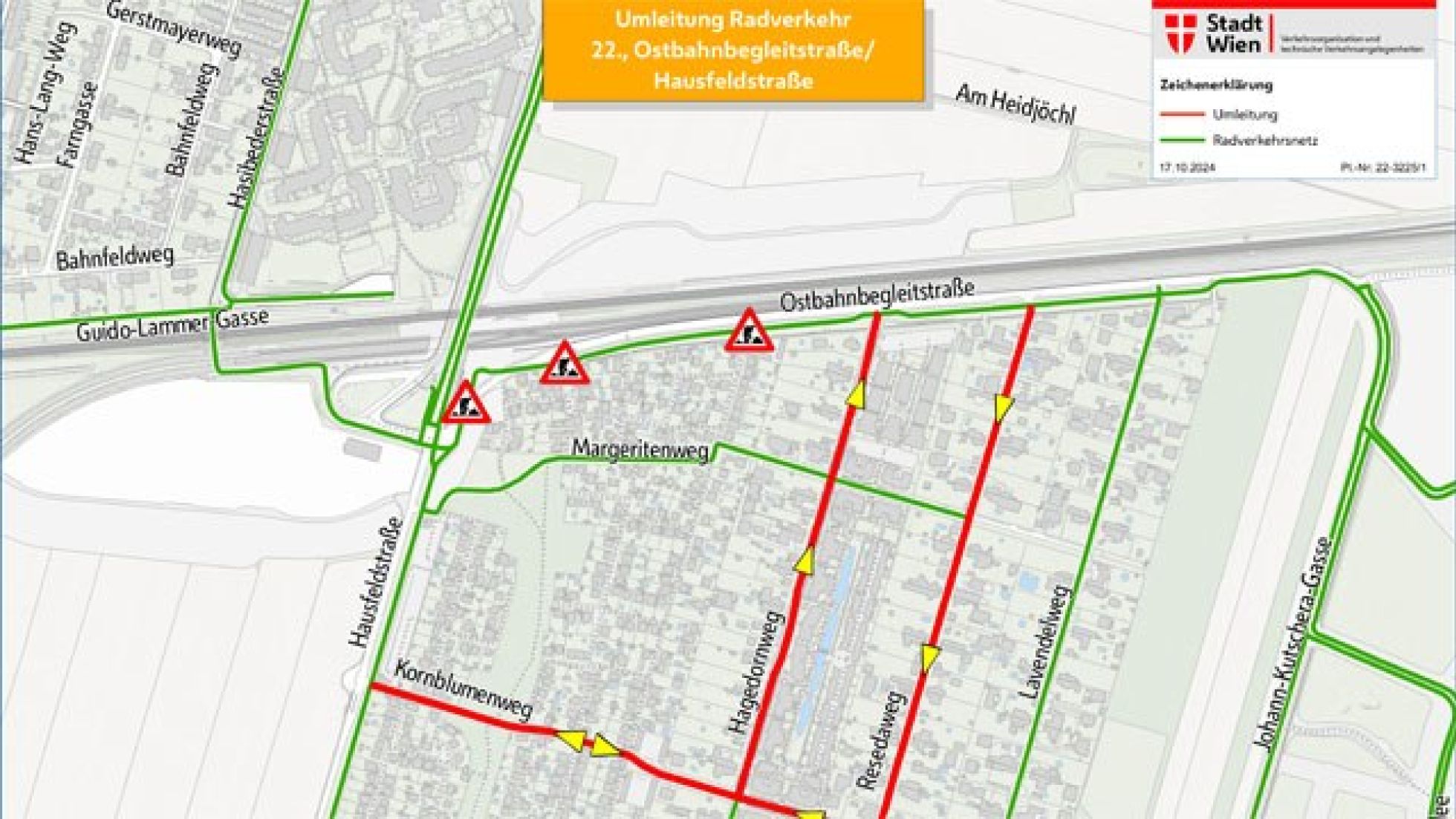 Umleitungsplan für den Radverkehr bei der Ostbahnbegleitstraße/Hausfeldstraße