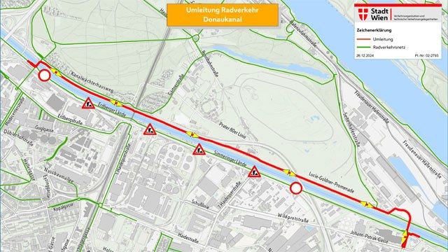 Grafische Darstellung der Umleitungsstrecke des Donaukanalradweges zwischen Gaswerksteg und Seitenhafenstraße