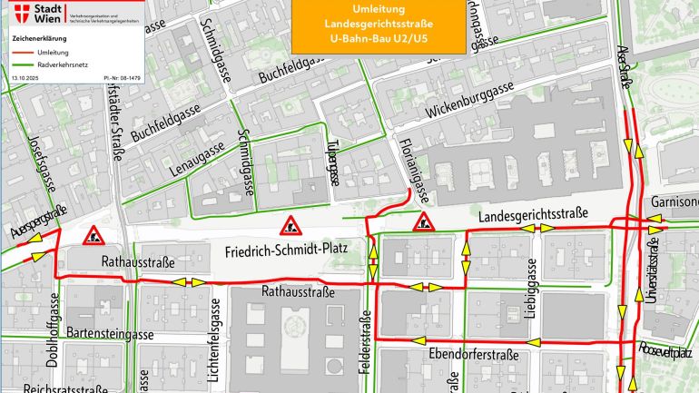 Umleitungsplan für den Radverkehr auf der Landesgerichtsstraße zwischen Alser Straße  und Josefsgasse.