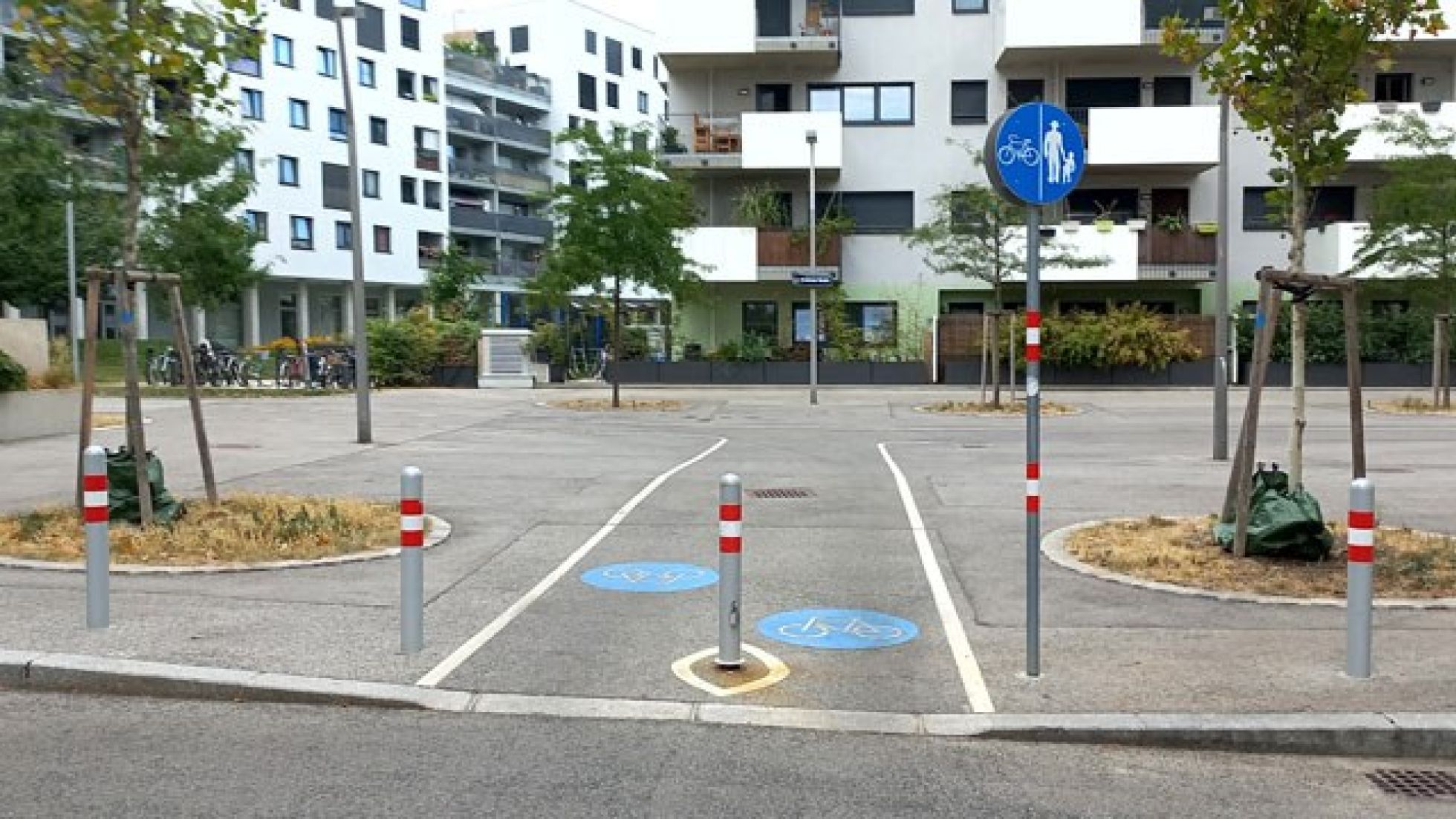 Ein Radweg führt über einen Gehsteig. Der Radweg ist mit Trennlinien vom Fußgänger-Bereich getrennt. Absperrpfosten blockieren die Zufahrt von der Straße zum Radweg für größere Fahrzeuge.