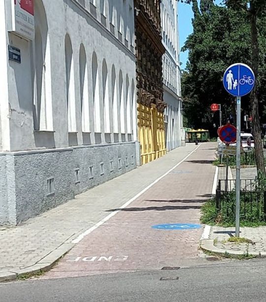 Ein Gehweg und ein Radweg befinden sich nebeneinander. Sie sind durch eine Trennlinie abgetrennt. Der Belag vom Radweg ist rötlich und es sind Radweg-Piktogramme am Boden aufgemalt.