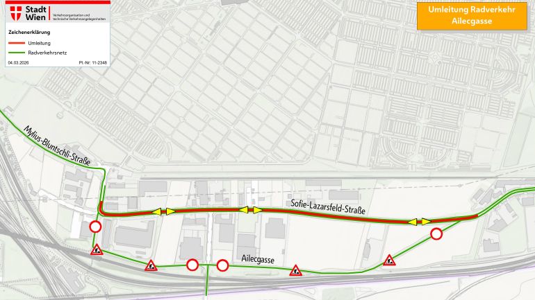 copyright: MA 46/Kartengrundlage Mehrzweckkarte MA 41 Ausschnitt aus dem Stadtplan mit eingezeichneter Umleitung für den Radverkehr.