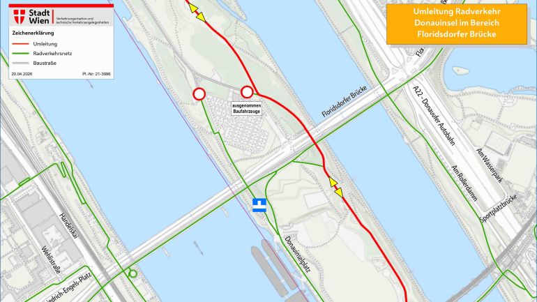 copyright: MA 46/Kartengrundlage Mehrzweckkarte MA 41 Ausschnitt aus dem Stadtplan mit eingezeichneter Radwegumleitung.