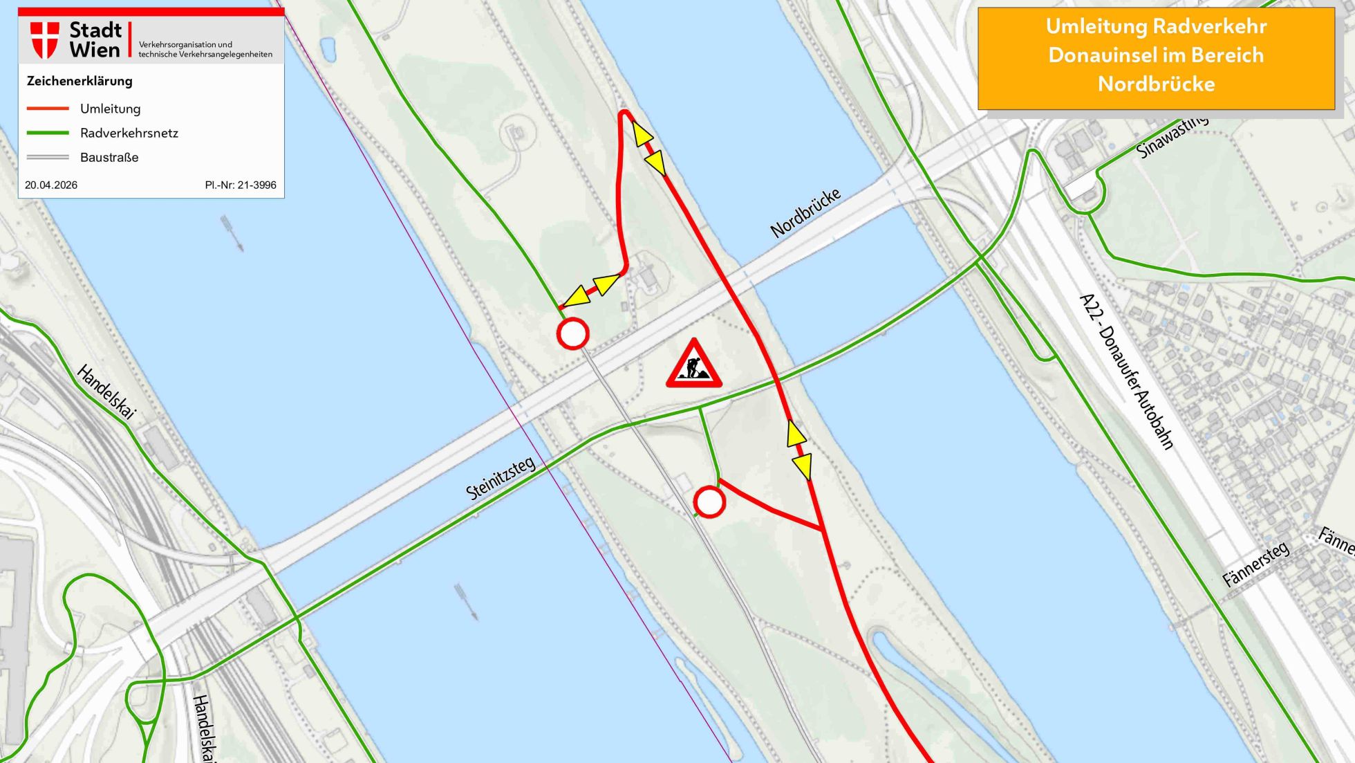 copyright: MA 46/Kartengrundlage Mehrzweckkarte MA 41 Stadtplanausschnitt mit eingezeichneter Radwegumleitung.